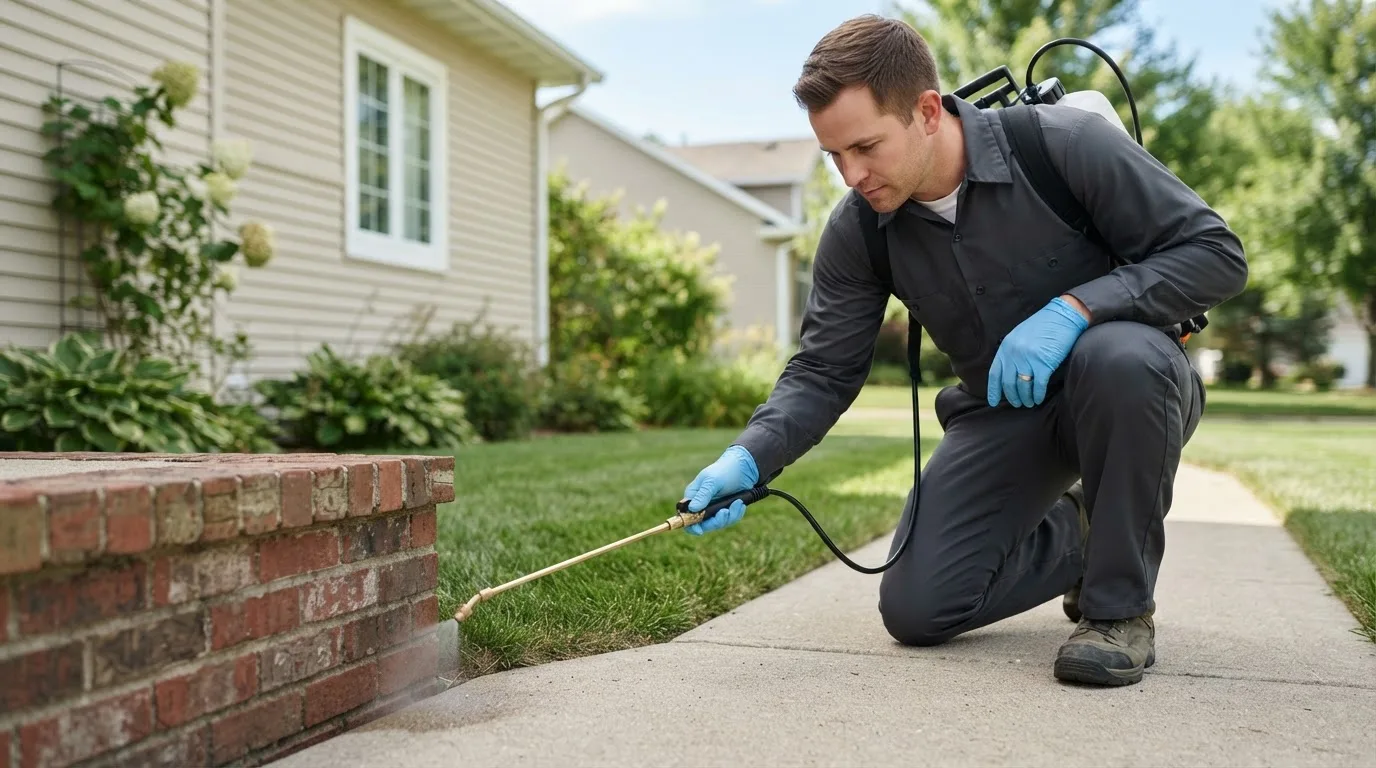 Pest control technician treating a home near Wallingford, IA