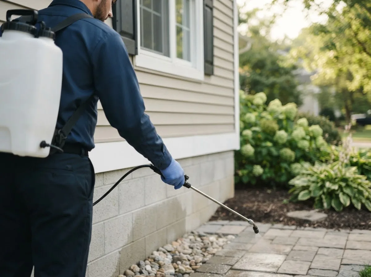 Pest control technician inspecting a home in Wallingford, IA